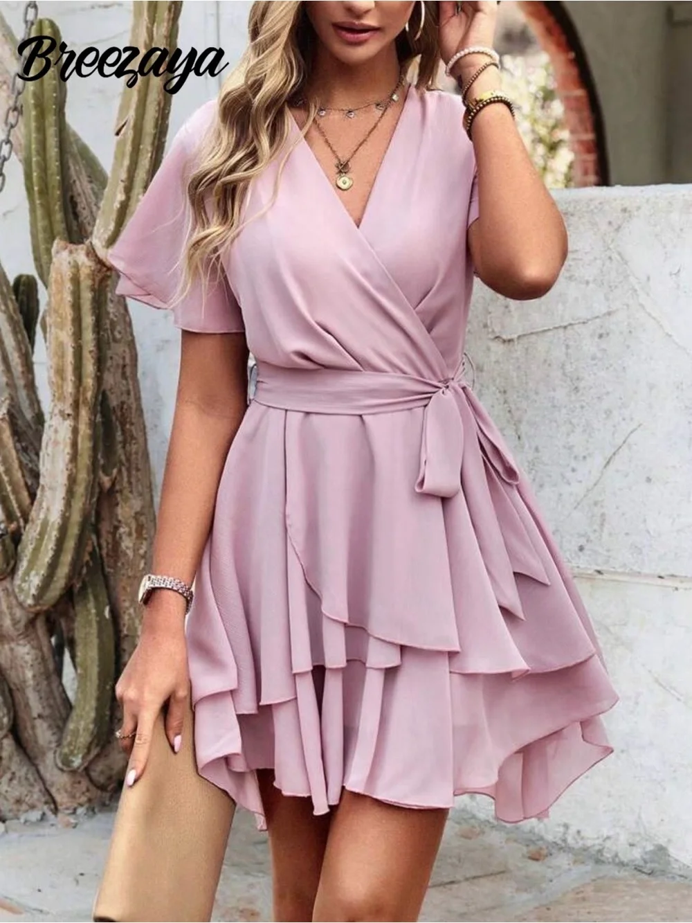 Women's Dusty Rose Wrap Babydoll Dress - Unbranded